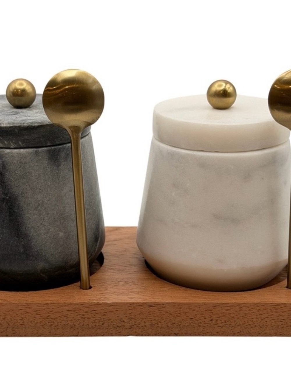Marble Salt and Pepper Jars with Gold Spoons and Wooden Tray - White & Gray